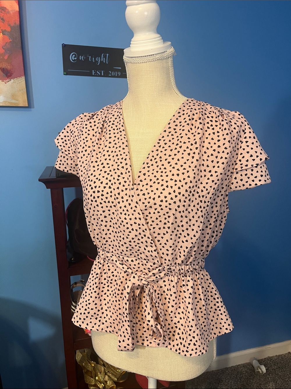 Sweet Rain Pink Heart-Print Wrap Peplum Top, Size S